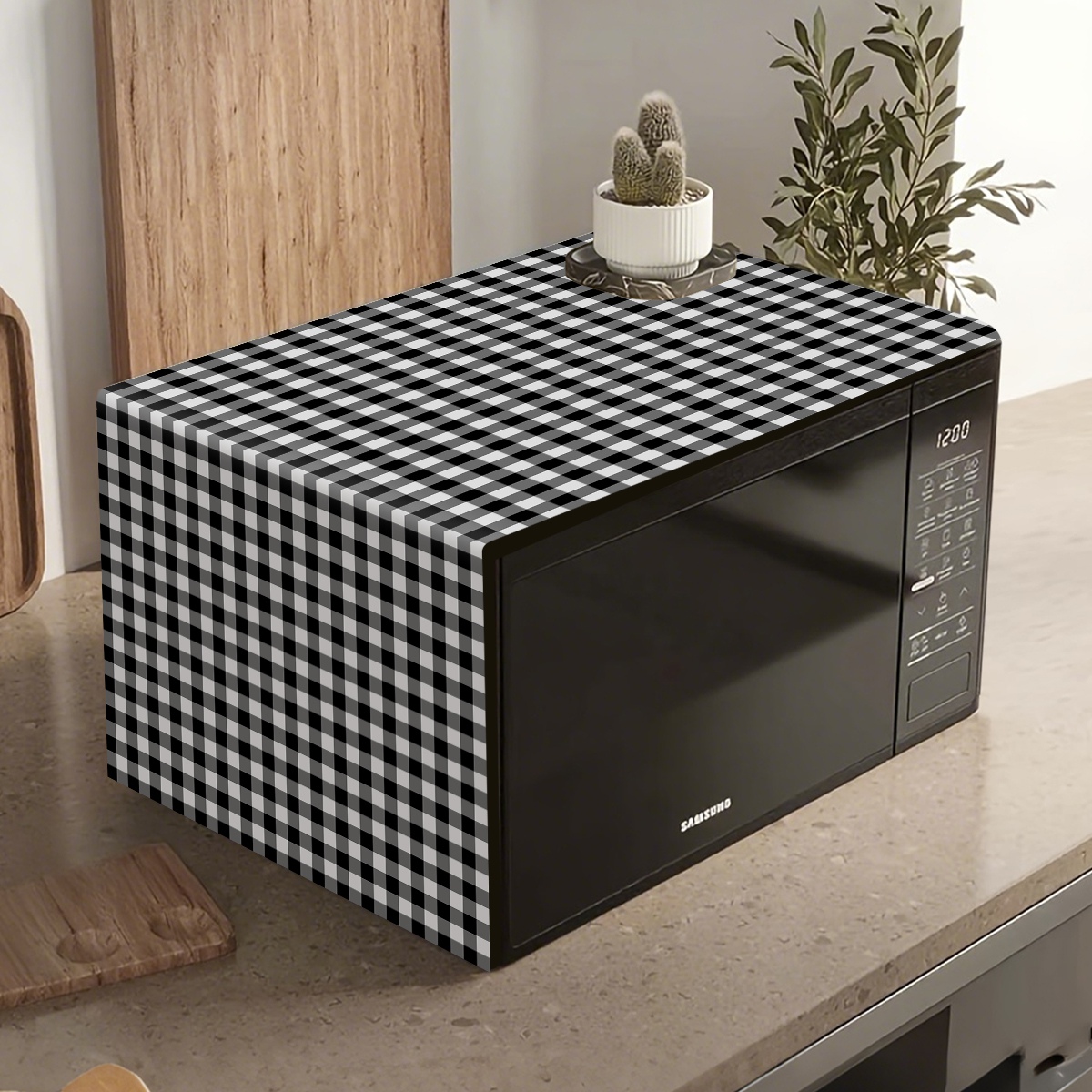 Kitchen Appliances In White - Penutup Debu Oven Microwave Kotak-kotak Hitam